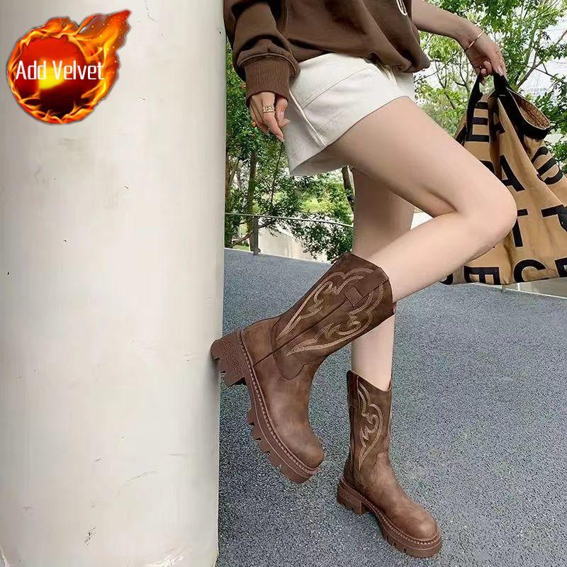 Fashion Brown Round Toe Mid Calf Shoes Woman Work Demi-season Fashion 2025 Boot Trend Gothic Cosplay New Hot Half High Boots for Women