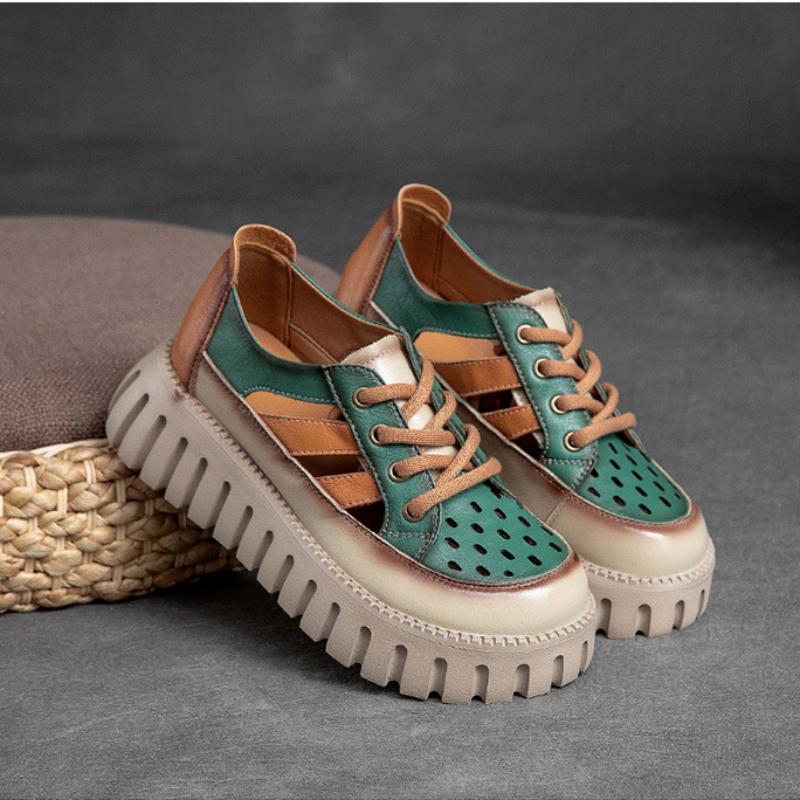 Johnature Thick Sole Mixed Colors Genuine Leather Retro Sandals Roman Style Lace-up Women's Flat Platform Shoes