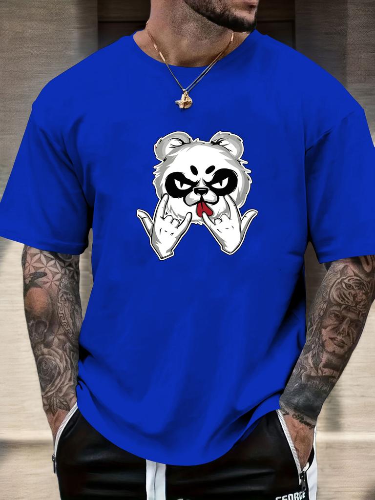 Mens Casual Tshirt Rock Panda Print Short Sleeve Round Neck Breathable Soft Oversized Edgy Trendy Daily Wear Tee