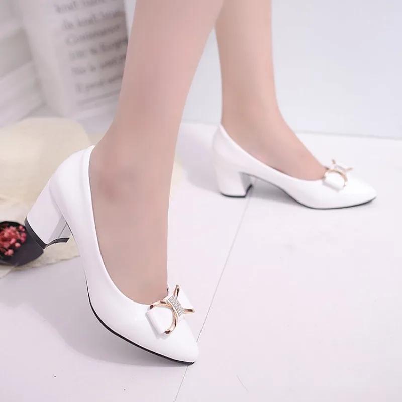 Fashion Spring/autumn Women's Shoes Soft Bottom Bow Round Headed Shallow Mouth Mid-high Heels Work Shoes Available in All Seasons