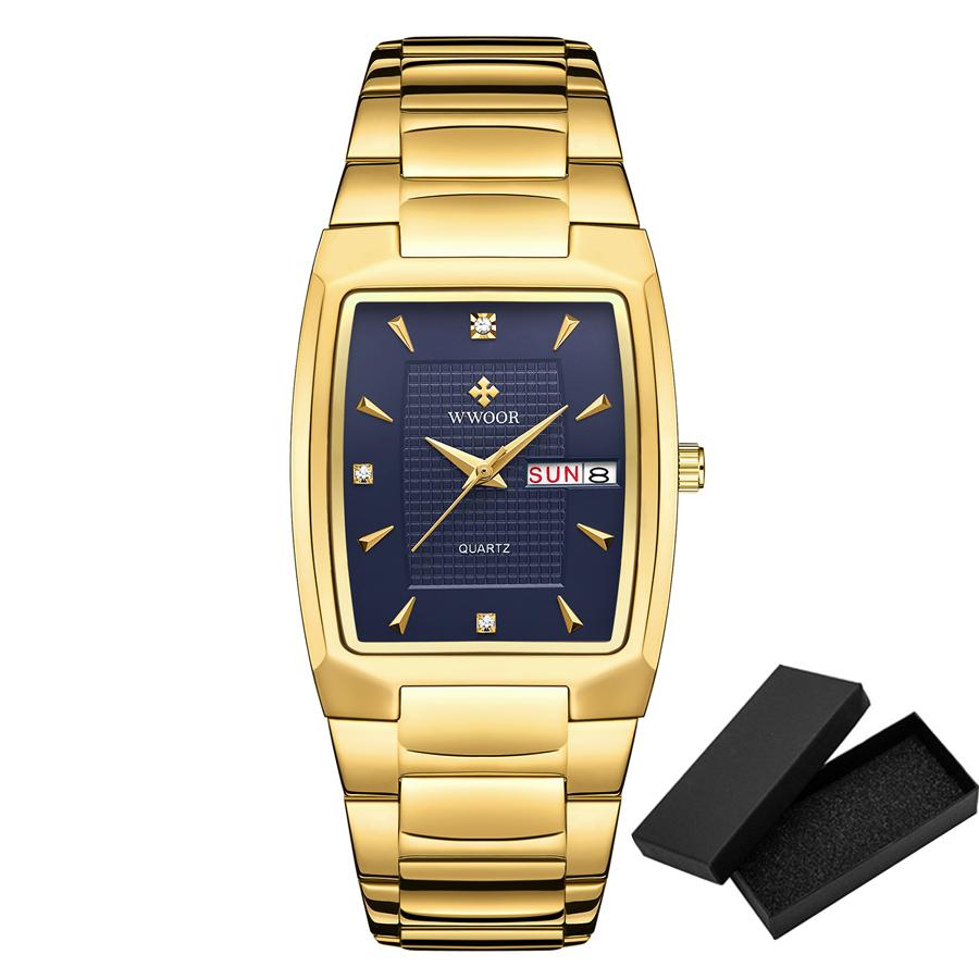 Wwoor New Square Watch Men With Automatic Week Date Luxury Stainless Steel Gold Mens Quartz Wrist Watches Relogio Masculino