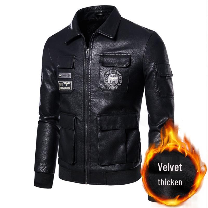Korean Style Men s Embroidered PU Leather Motorcycle Jacket with Velvet Lining XL