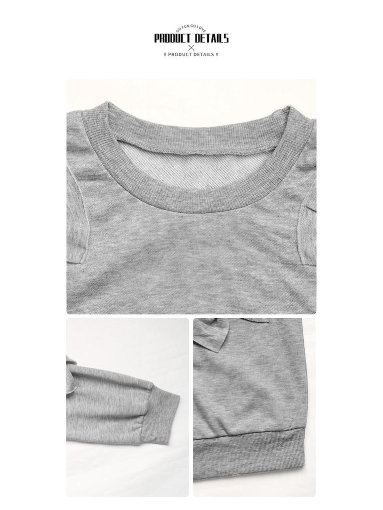 European & American Autumn Sweet Casual Bow Spliced Gray Round Neck Women's Sweatshirt