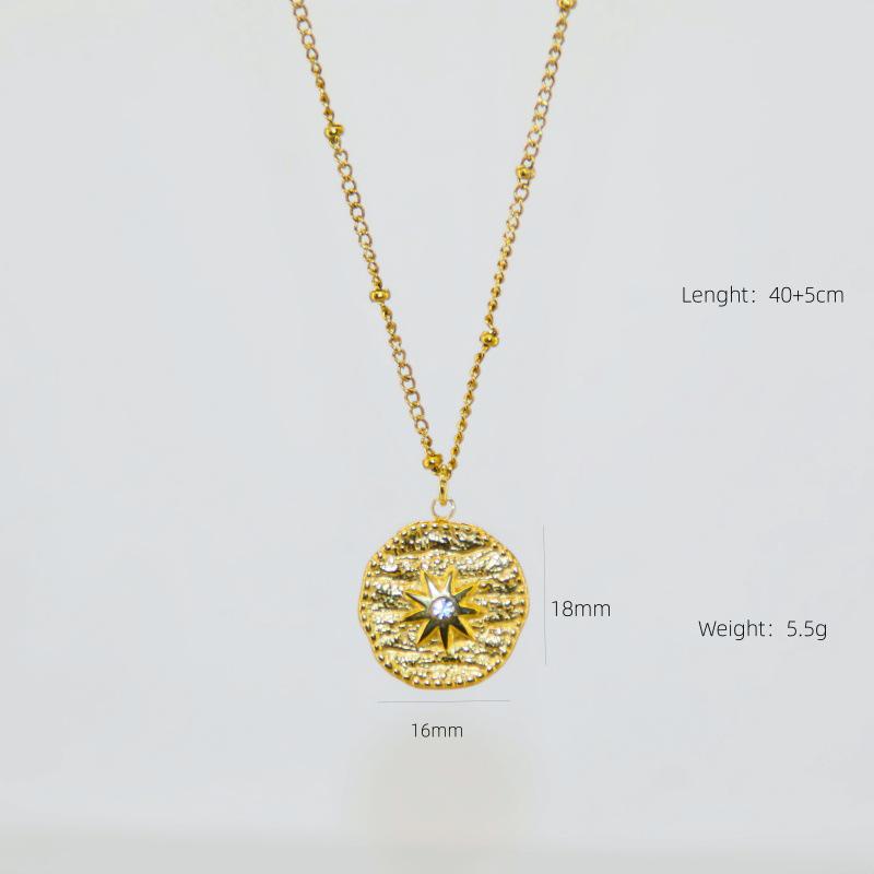 European & American Retro Sun Ray Small Round Pendant Necklace - Women's Simple Stainless Steel Clavicle Chain