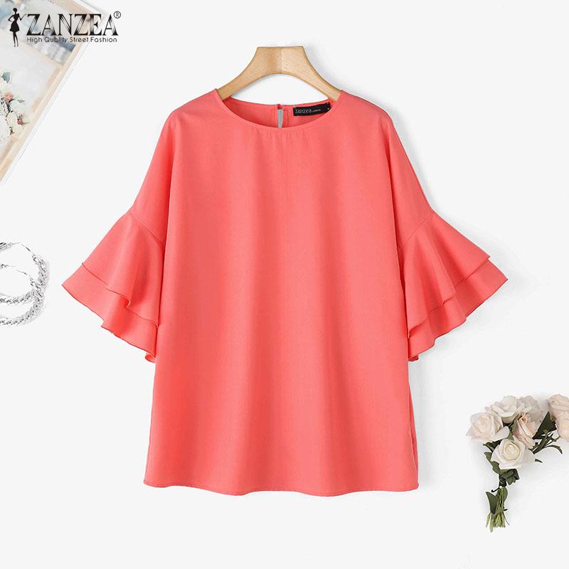ZANZEA Bluză lejeră de damă, casual, cu gât rotund și mâneci cu volane
