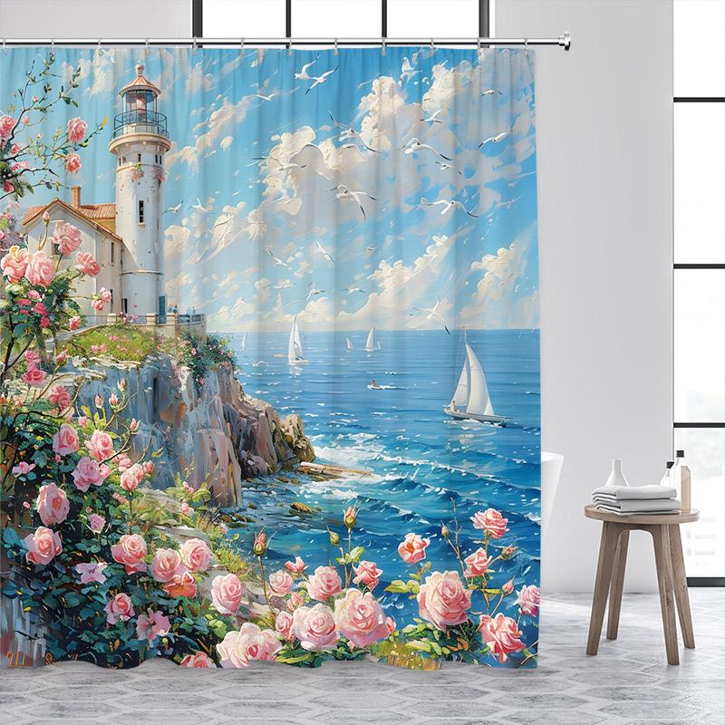 Niebieski Ocean Latarnia Morska Zasłony Prysznicowe Vintage Łódź Mewy Fale Morskie Akwarela Sztuka Nowoczesny Wystrój Zasłony Łazienkowej Z Haczykami