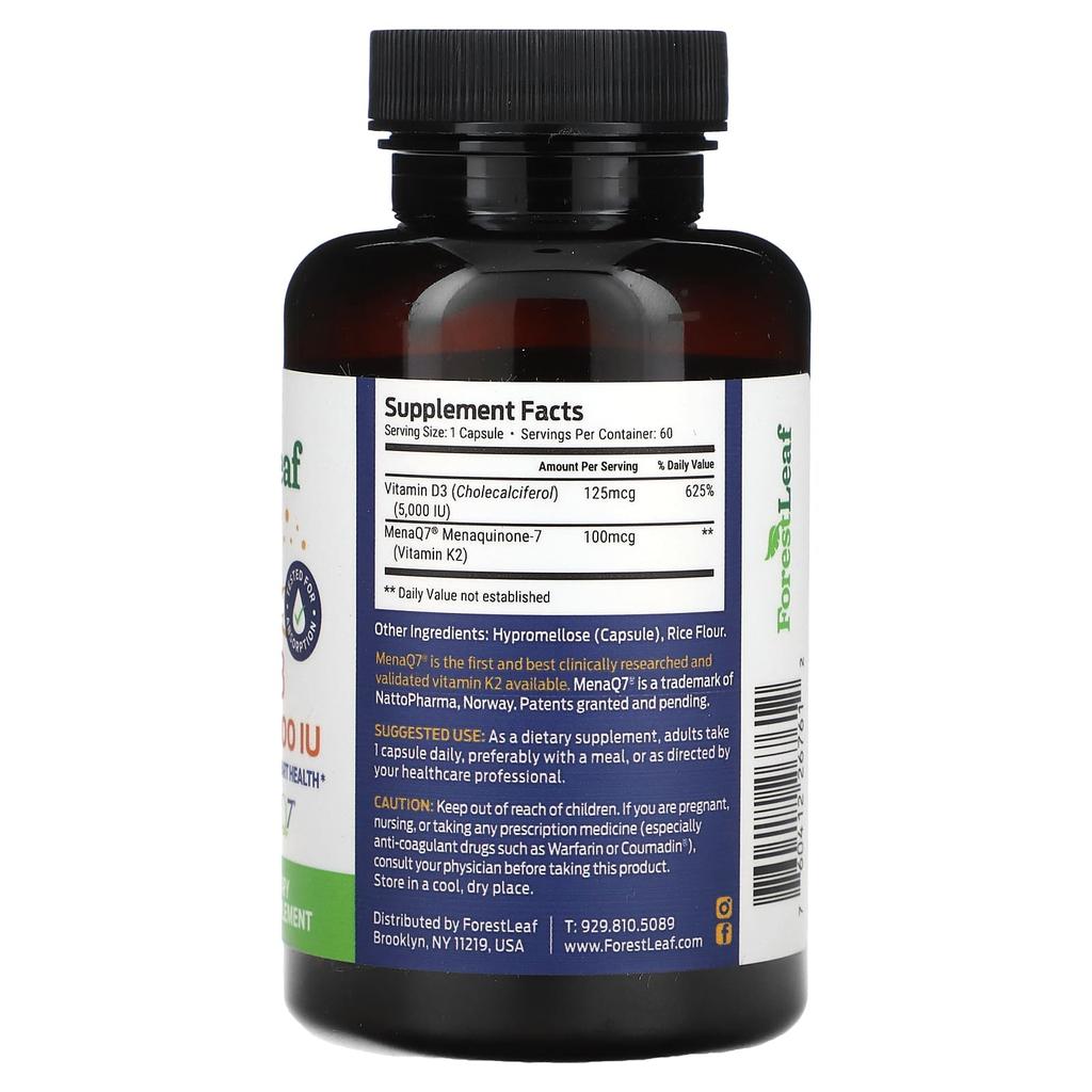 Forest Leaf, K2 + D3, 100mcg (5,000IU), 60 veggie capsules