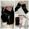 Hotfix Rhinestone Knitted Gloves Plush Half Finger Mittens Sweet Bow Gloves Driving