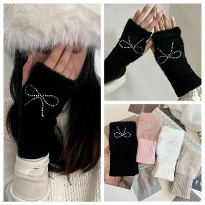 Hotfix Rhinestone Bow Gloves Plush Half Finger Mittens Fashion Knitted Gloves  Outdoor