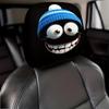 1 PC Cartoon Black Coal Ball Car Headrest Cover, Blue Striped Beanie Design with Smiling Teeth, 2D Printed Elastic Universal Fit
