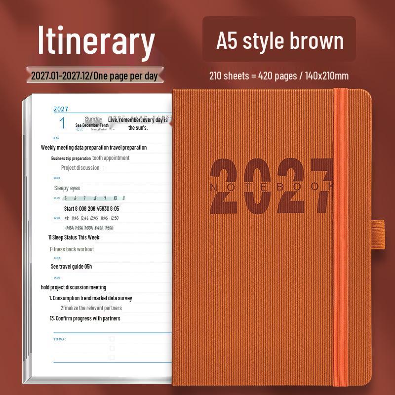 2027 English Edition Дневник на ремешке: Ежегодный планировщик управления временем и настраиваемый толстый блокнот