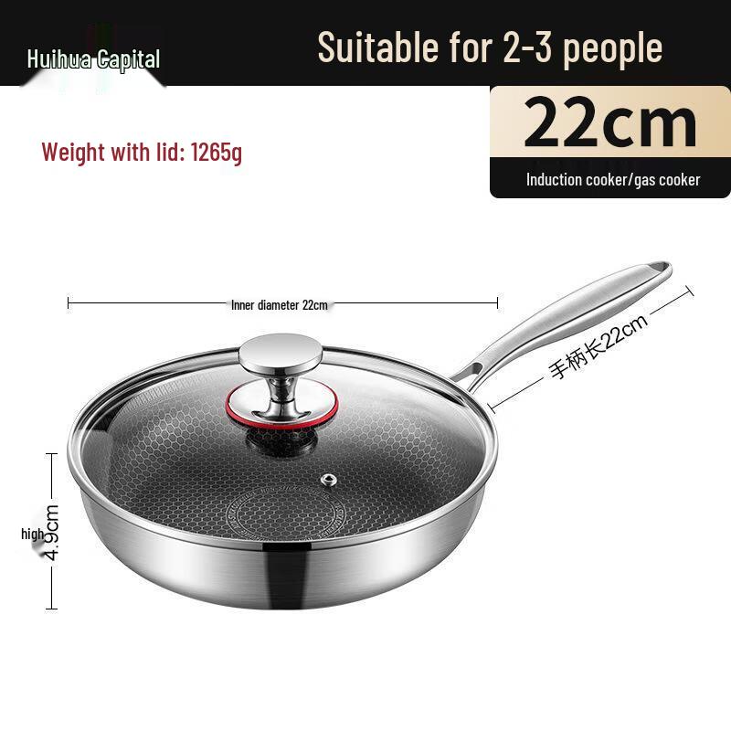 HUIHUADU 22cm Honeycomb Non-Stick 304 Stainless Steel Frying Pan with Lid
