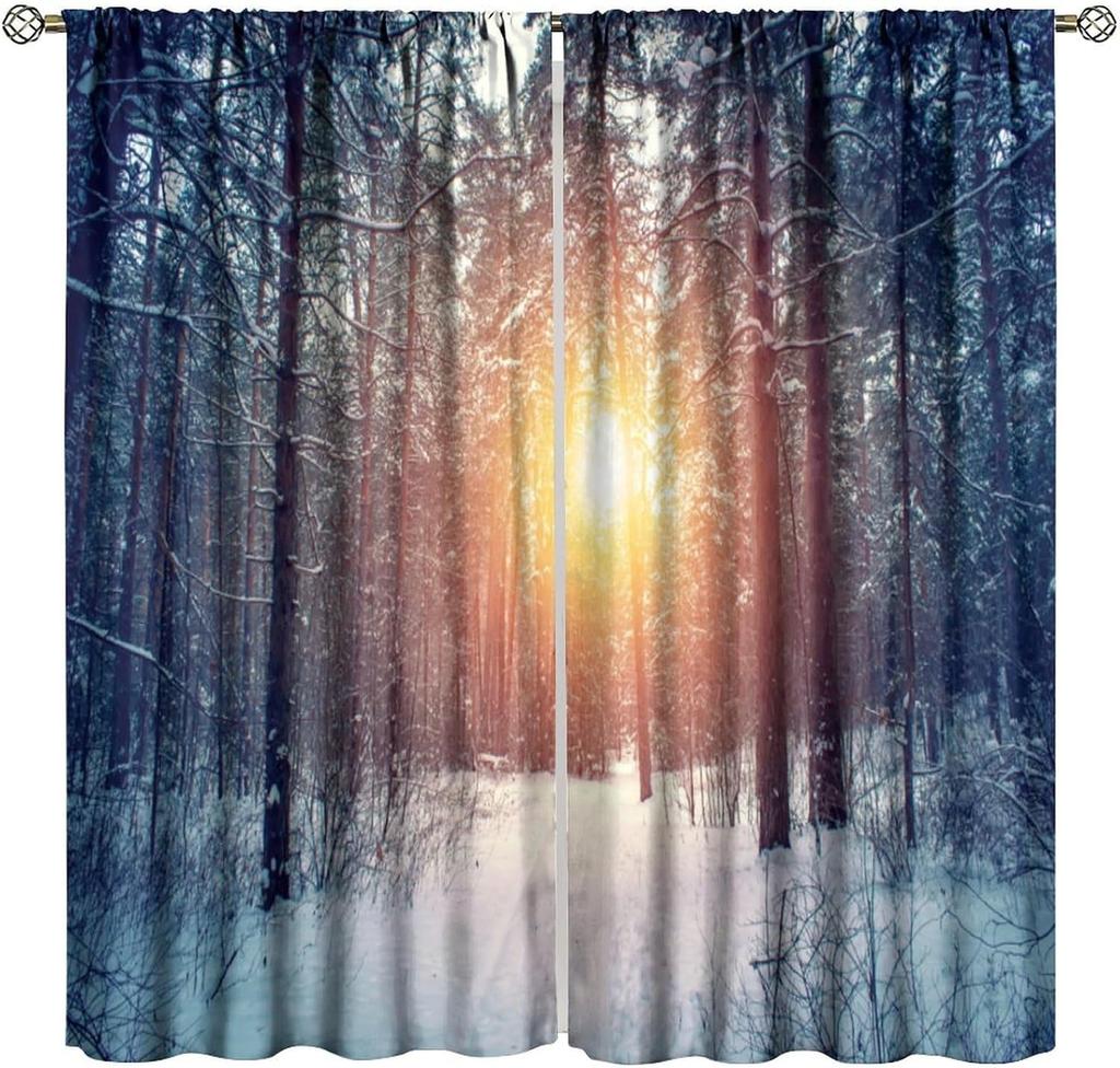 Winter Forest Curtain Natural Landscape Snow Covered Tree Window Curtains Living Room Bedroom Kitchen Office Cafe Blackout Polyester Ideal For Great