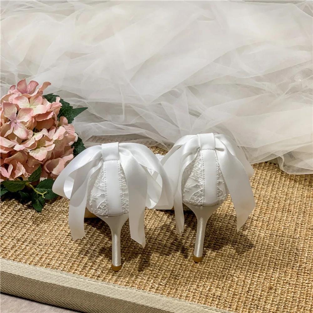 Fashion White Heels French Dress Wedding Shoes Lace Bridesmaid Shoes White Pointed High Heels Women's Stiletto Design Bridal Shoes