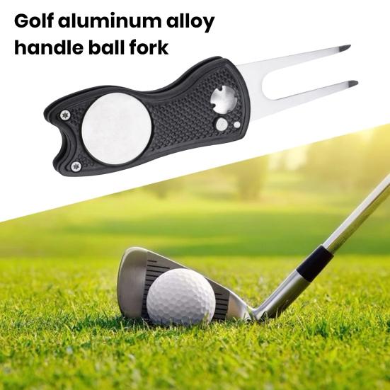 Horquilla de golf con función de succión magnética, tamaño compacto, portátil, marcador de bola de alineación de putt magnético, herramienta de reparación de divot de golf plegable
