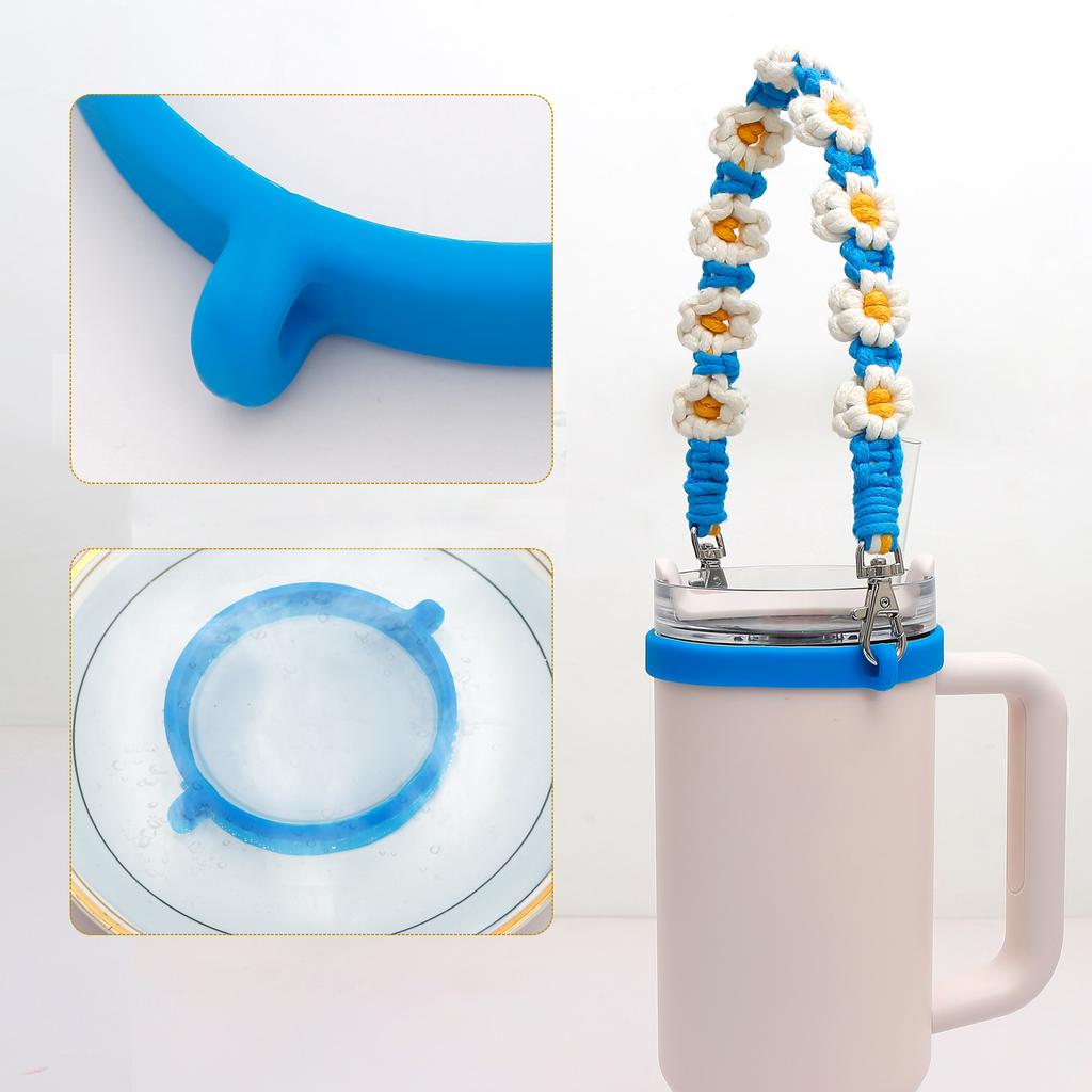 Handmade Macrame Daisy Drink Carrier with Adjustable Hand Strap Coffee Cup Sleeve Reusable Caddy for Boba Tumbler