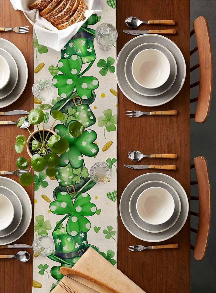 Spring St.Patrick Clovers Lucky Hats Linen Table Runner Party Decor Washable Kitchen Dining Table Runner St.Patrick Decorations