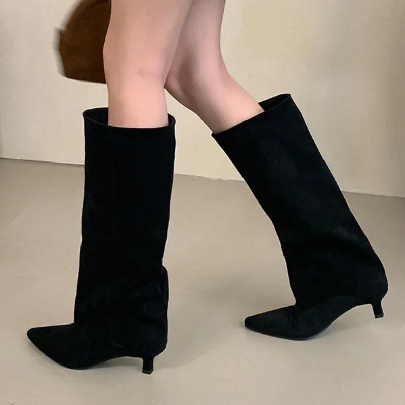 Winter Street Style Pointed Toe Boots Women Low Heels Shoes Female Long Booties Women Shoes Zapatos De Mujer