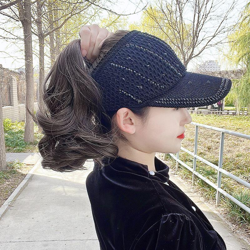 

Hat Wig Integrated Summer Curly Hair Topless Hat Big Wave Hair Can Be Tied and Scattered with Diamond Sunshade Cap with Hair Extensions Black empty top hat [Brown black] can be scattered