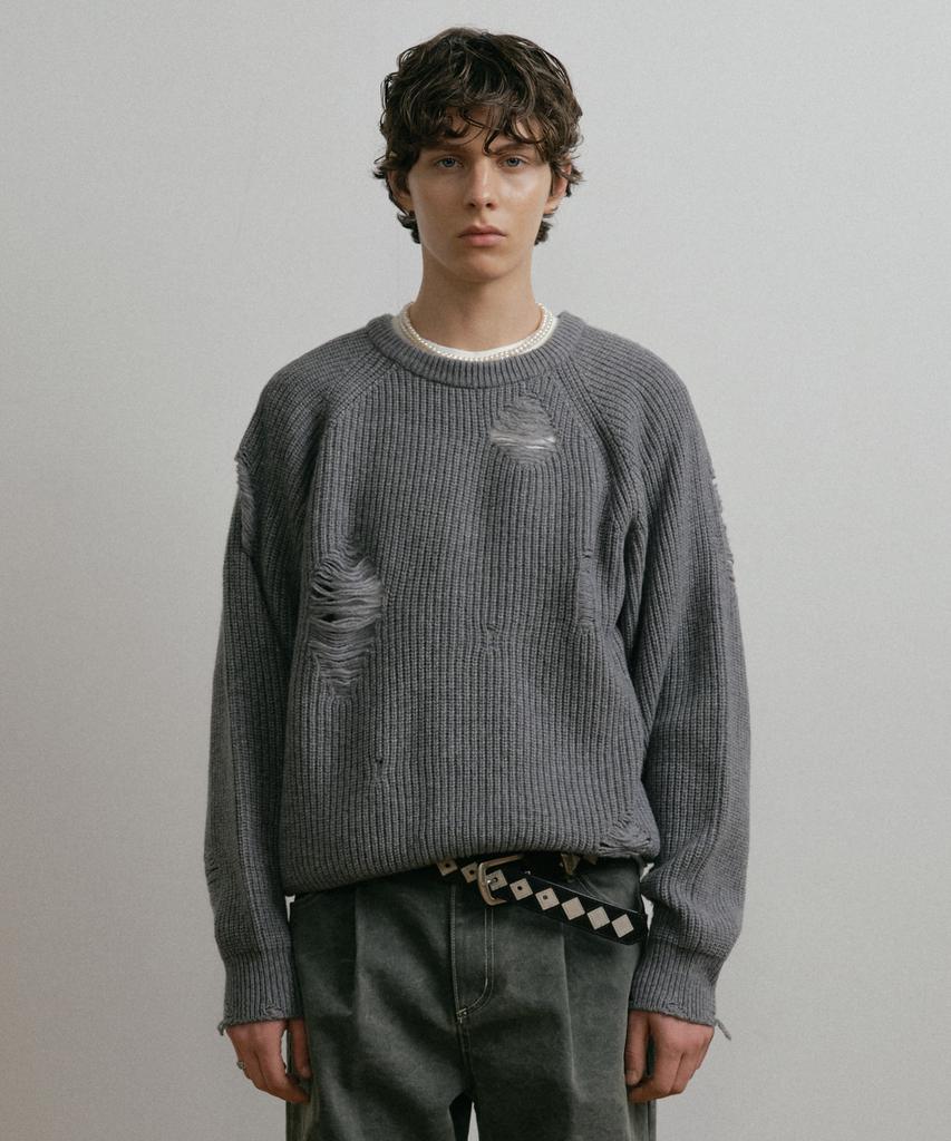 DUSTYWHITE Gray Loose Fit Destroyed Wool Knit Sweater