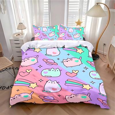 MINISO-Desenho Animado de Gato Capa de Edredom Fronha Conjunto de Roupa de Cama Adulto Menino Menina Decoração de Quarto Infantil Solteiro Casal Tamanho Grande