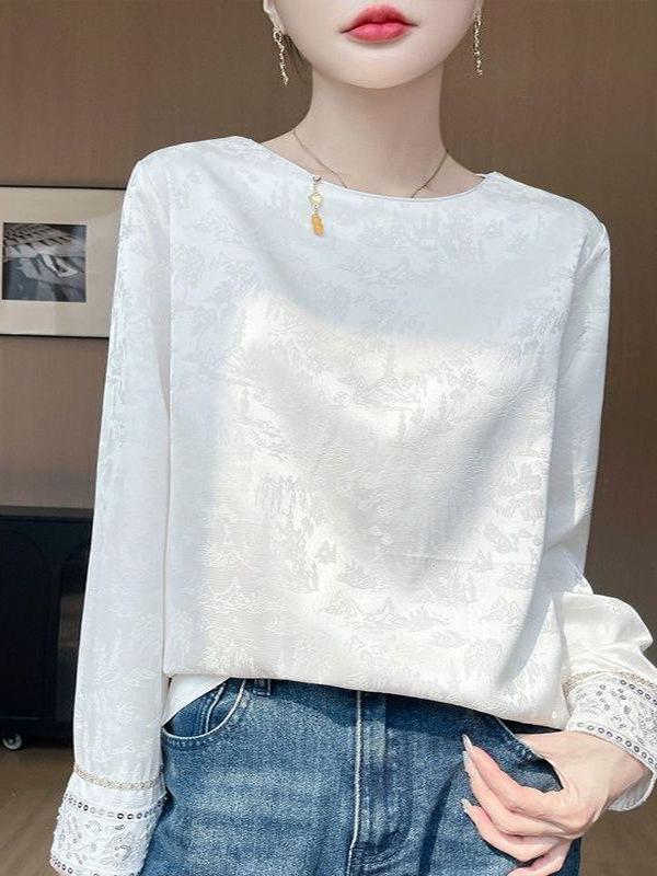 Spring New Heavy Embroidery Jacquard Long Sleeve Retro Chinese Style Round Neck Plus Size Women's Top
