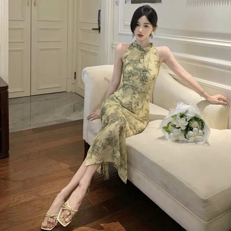 Temperament Elegant Hollow Open Shoulder Backless Floral Modified Cheongsam Dress Chinese Style Split Fork Waist Hip Wrap Dress