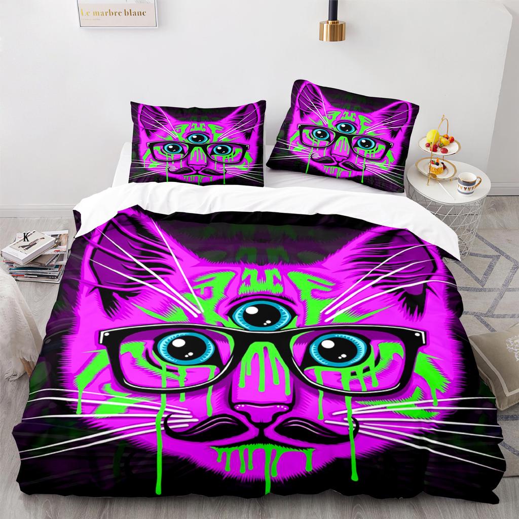 Cat Duvet Cover Set King Size Cute Cats Pattern Bedding Set Decorative Animal Polyester Comforter Cover with Pillowcases for Kid