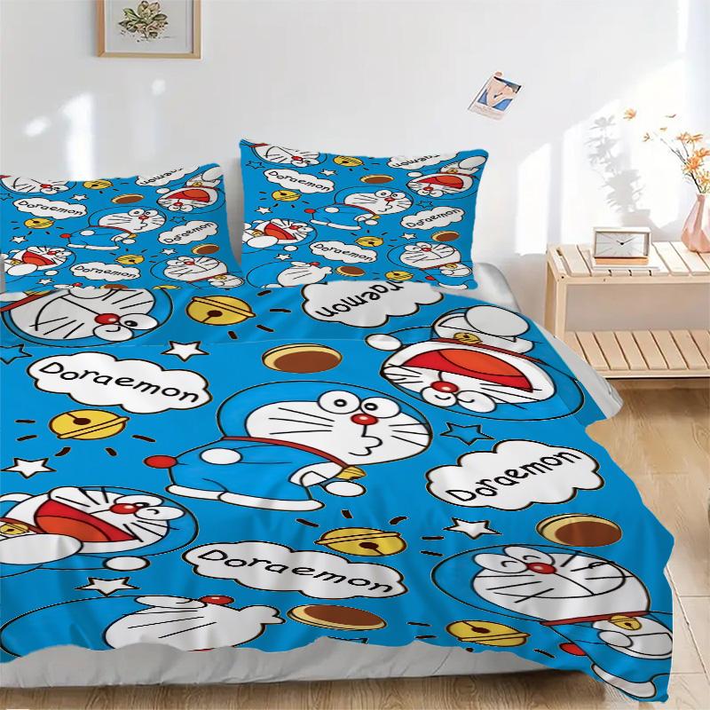 Doraemon Abenteuer Druck 3-teiliges Bettwäsche-Set Bettbezug mit 2 Kissenbezügen Zuhause Geburtstagsgeschenk