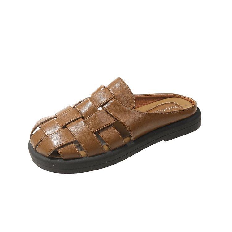 Leather bag head half slippers women's summer wear 2025 new retro woven hollow thick sole one pedal lazy shoes
