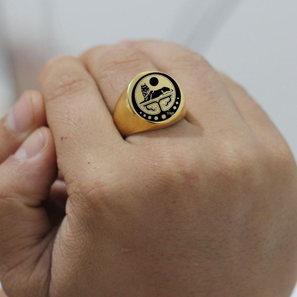Polished Stainless Steel 22MM Laser Wolf Sunbathing Retro Men's Ring