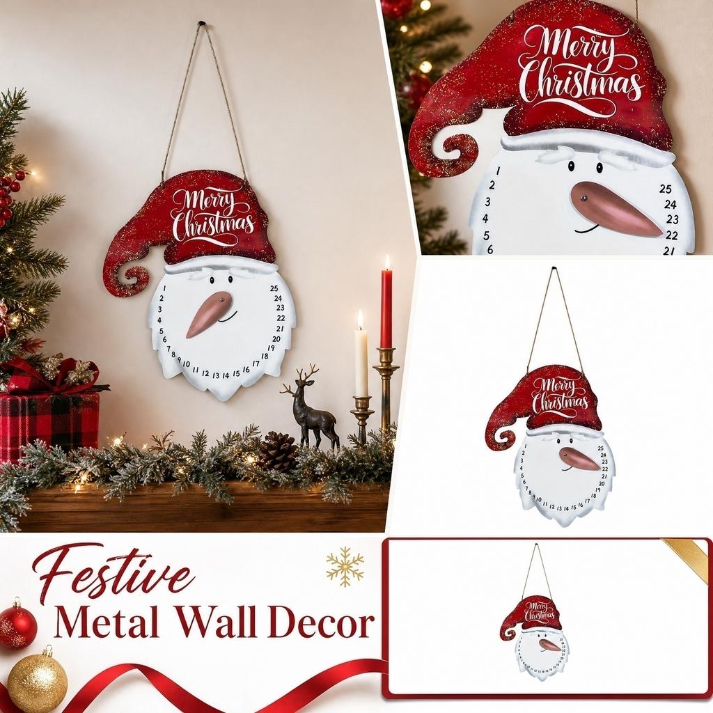 Metal Christmas Countdown Calendar Wall Hanging Snowman Santa Claus Design Indoor Outdoor Holiday Decoration with Numbered Date Tracker