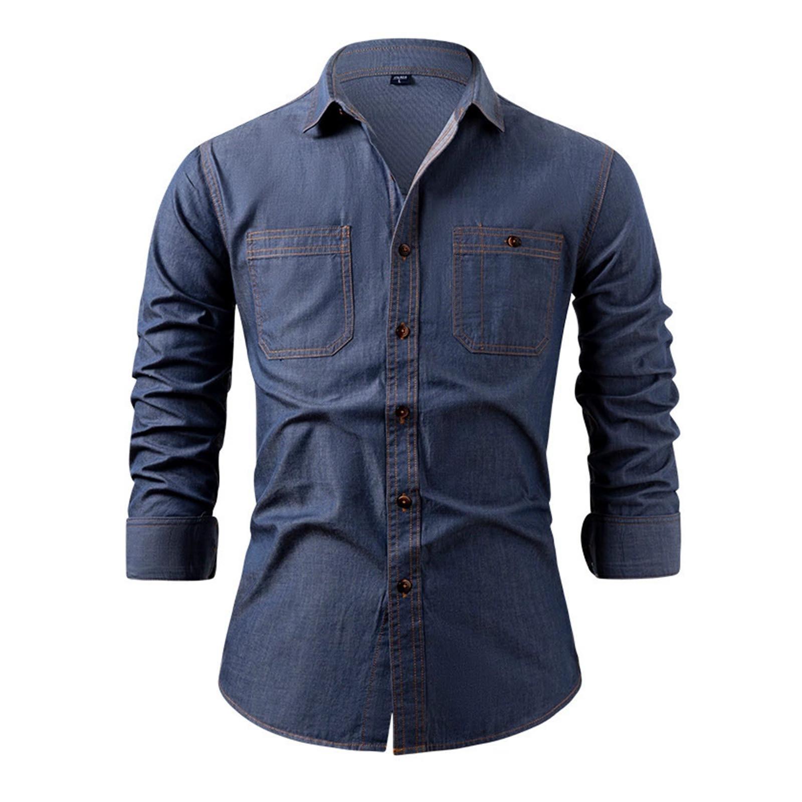 

Мужские хлопковые джинсовые рубашки однотонные с длинным рукавом повседневные куртки рубашки с лацканами блузка весна осень мужская уличная одежда 3XL темно-синий