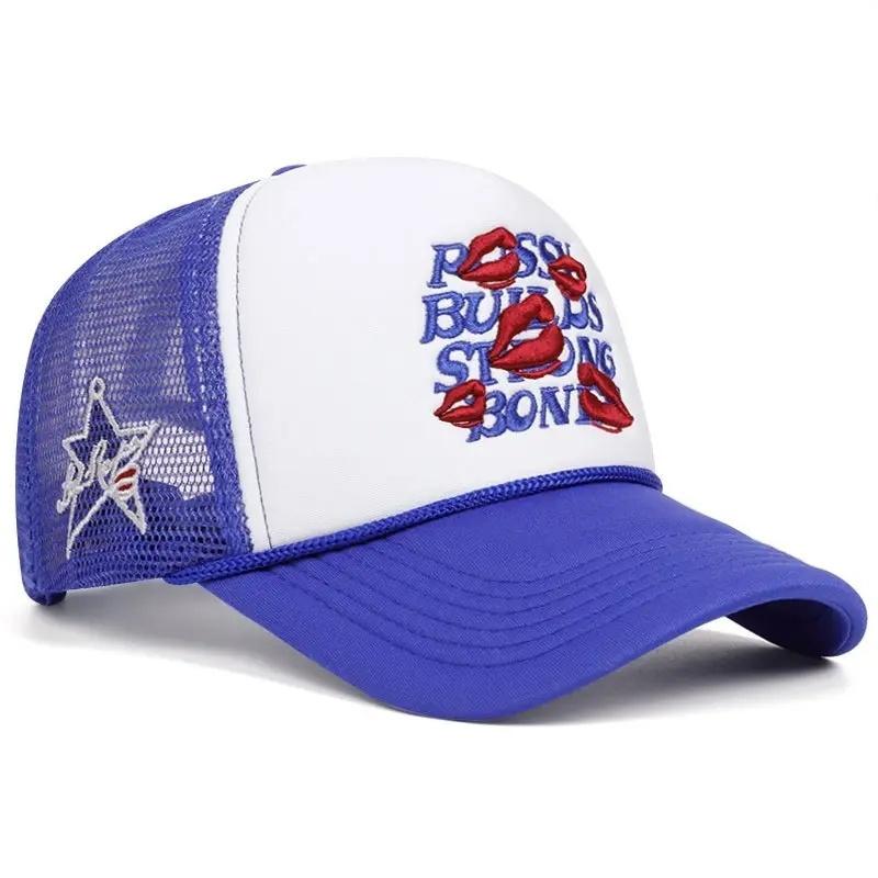 lip print 3D embroidery women men outdoors baseball cap Summer shading breathability Hip hop mesh cap trucker hat