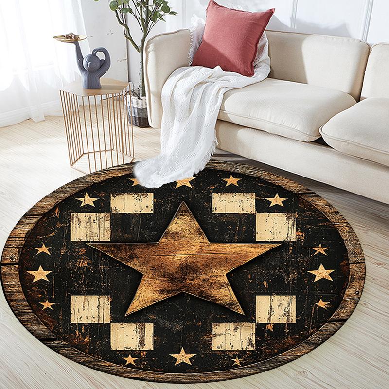 Rustic Star Round Area Rug,Carpet Rug for Living Room Bedroom Sofa Playroom Decor,Non-slip Floor Mat