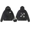 Mens Oversized Streetwear Hoodie With Distressed Zipper Graphic Print Cotton Long Sleeve Pullover Casual Wear
