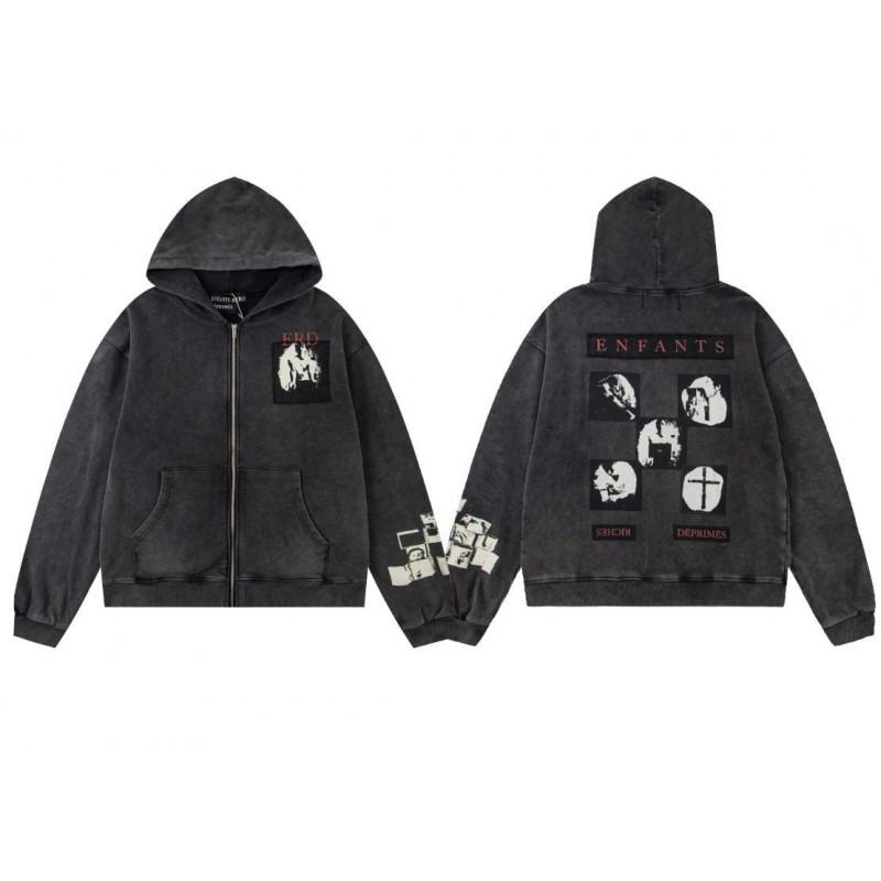 Mens Oversized Streetwear Hoodie With Distressed Zipper Graphic Print Cotton Long Sleeve Pullover Casual Wear