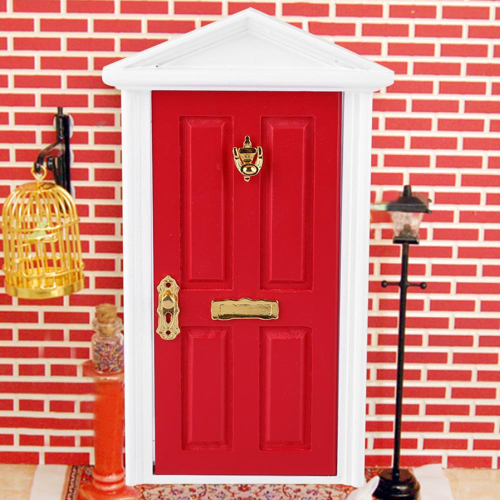 1: 12 Doll House Miniatures Wooden Door Children Funny Toy Gift Decor (Red)