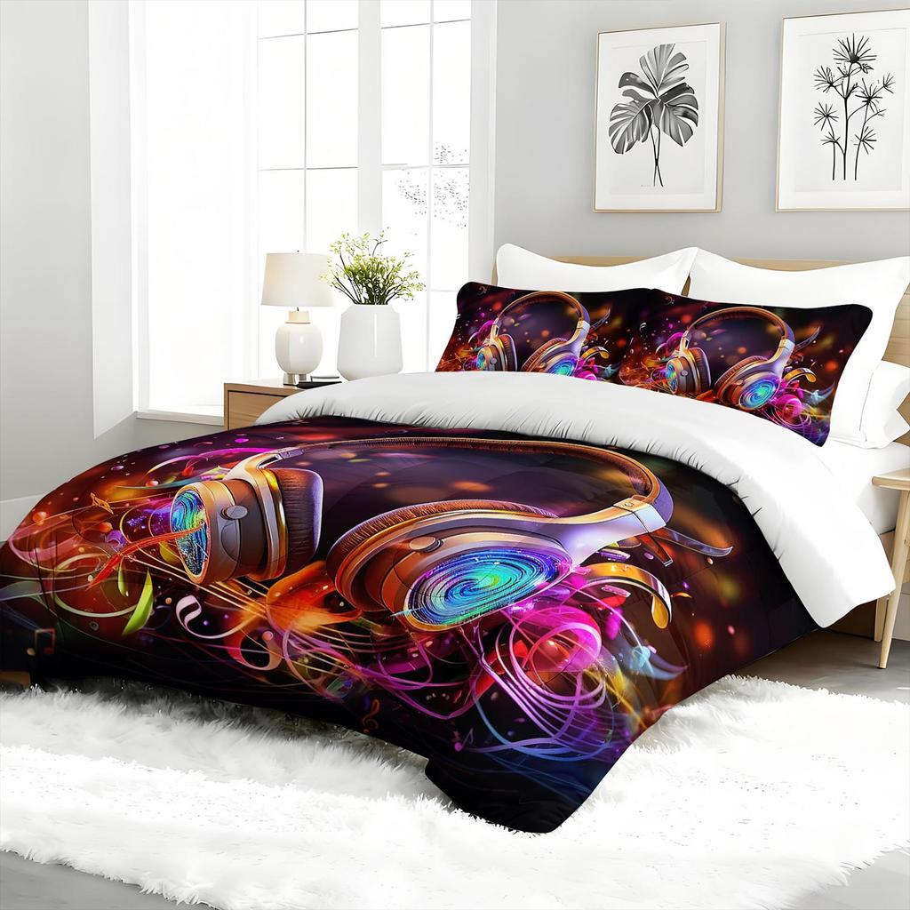 3PC Music Themed Comforter Set Glowing Headphones Duvet with 2 Pillowcases - Bedroom Or Guest Room Decorative Musical Bedding