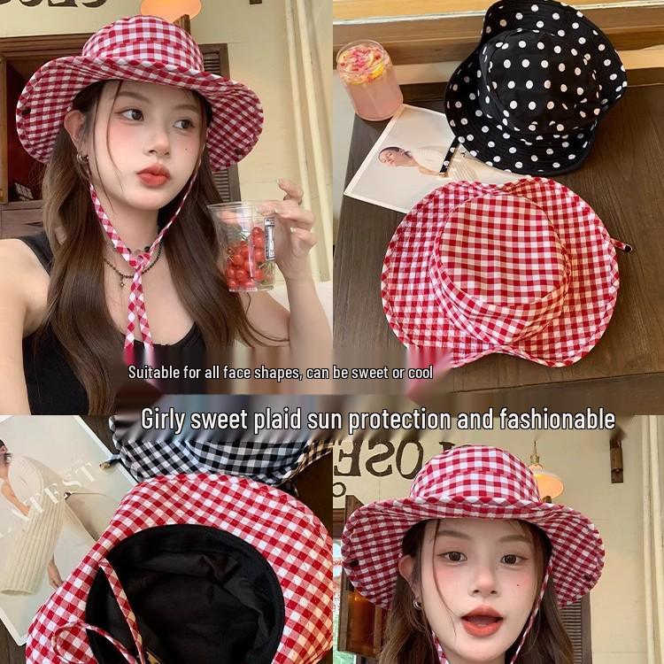 Women's Japanese Plaid Lace-up Fisherman Hat: Summer Wide Brim UV Sun Protection