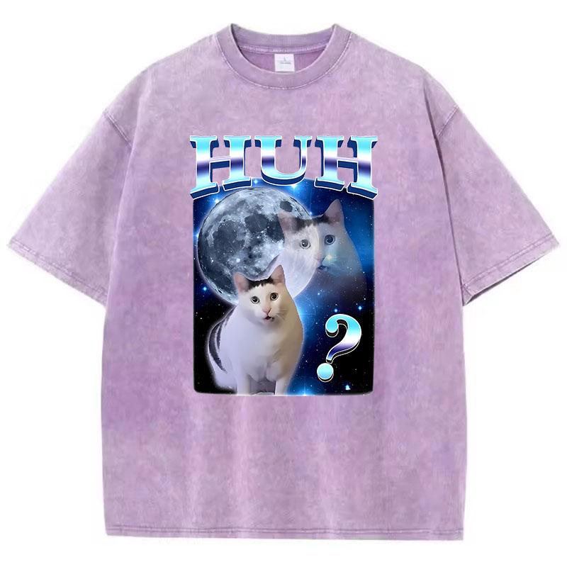 Cat Saying Huh Harajuku T Shirt Vintage Washed Cotton T-Shirt Graphic Tee Casual Streetwear Spring Summer Fall