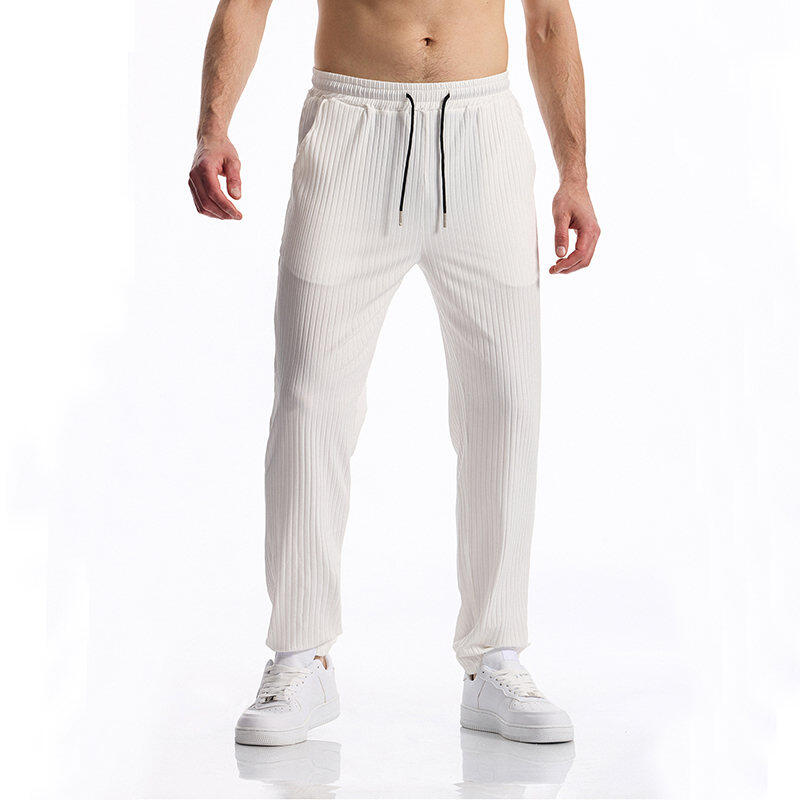 Men's Spring/Spring Ribbed Pants Elastic Waistband with Drawstring Straight Leg Comfortable and Versatile for Everyday Wear