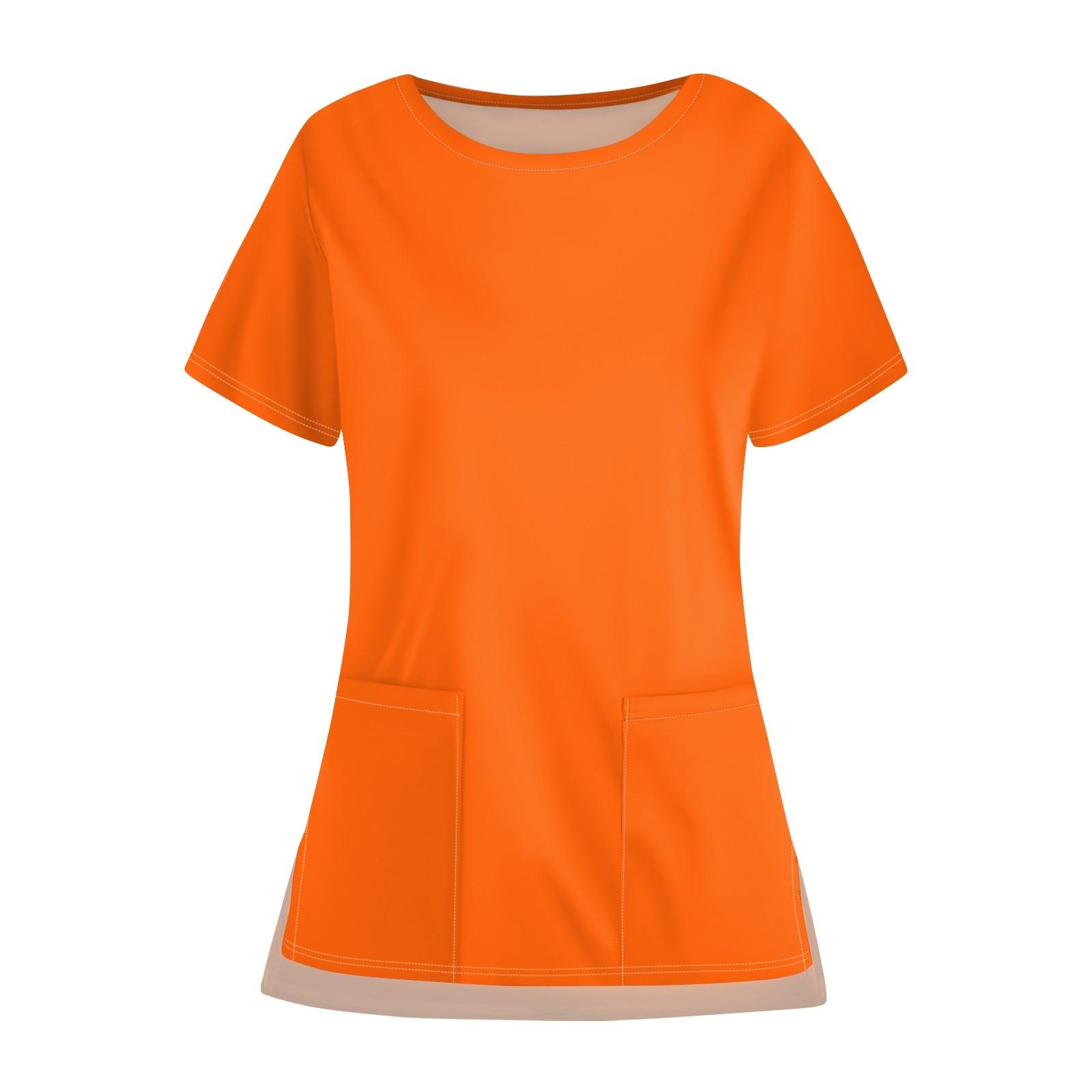 

Women s Casual Round Neck Color Pocket Uniform With Open Hem Protective Work Uniform Top XL оранжевый