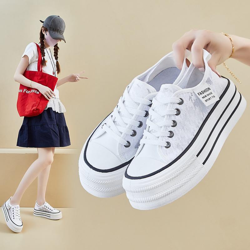 Fashion Student Thick Bottom Women's Casual Shoes Fashion Hot Sale Woman Lace-up Lace Flats Shoes Summer Hollow Low-top Sneakers Zapatos