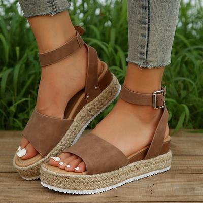 Damenschuhe in Übergröße mit dicker Sohle, Ein-Schulter-Schnalle mit Keilabsatz und leichten Sandalen aus Hanfseil