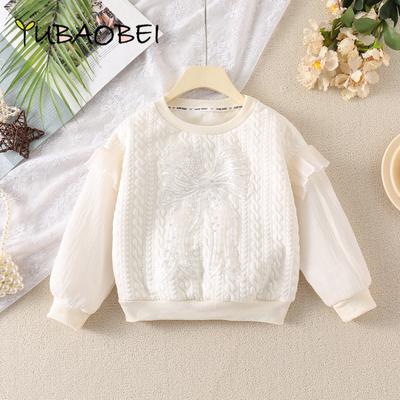 Girls Bow Print Off-white Sweatshirt Spring and Autumn Fashion Children Clothes Long Sleeve Loose Long Sleeve Lace Tops