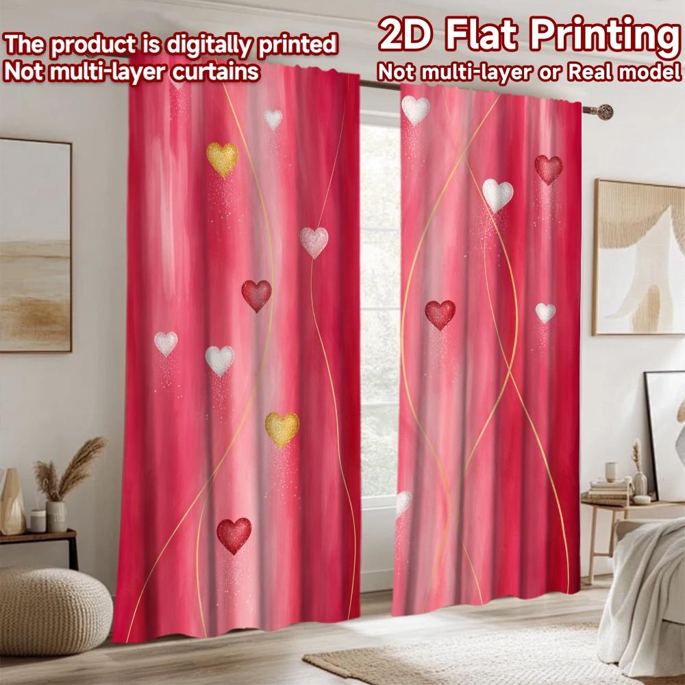2D Flat Printing 2pcs Curtain Window Curtains Valentine's Day Heart Glow Digital Printed Polyester Drapes Festive Holiday Use