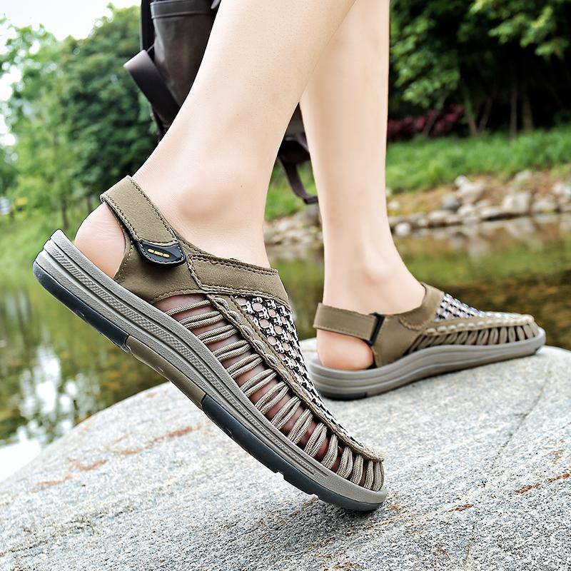 Men Outdoor Hiking Sandals Handmade Summer Black Roman Sandals Wide Beach Water Shoes Plus Size