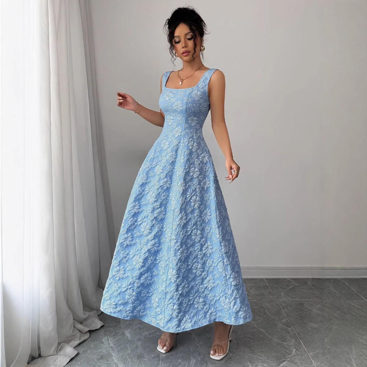 Women s Square Neck Sleeveless Slim Fit High Waist Floral Jacquard Maxi Dress Elegant Flared Tank Sundress S светло-синий