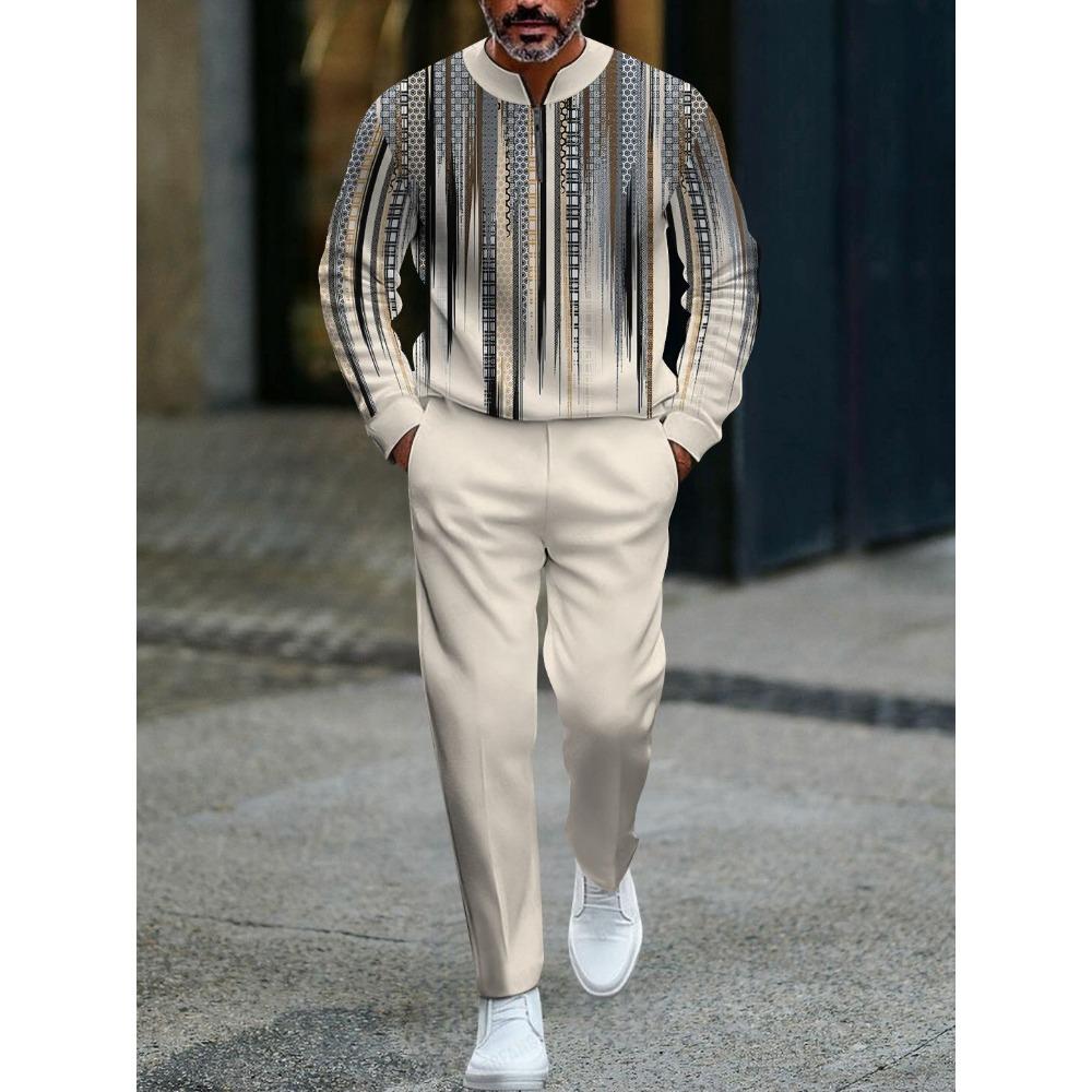Spring Autumn 3D Printed Fashion Men's Long-Sleeved Sets Half-Zipper Stand-Up Collar Men's Casual Sportswear Two-Piece Set